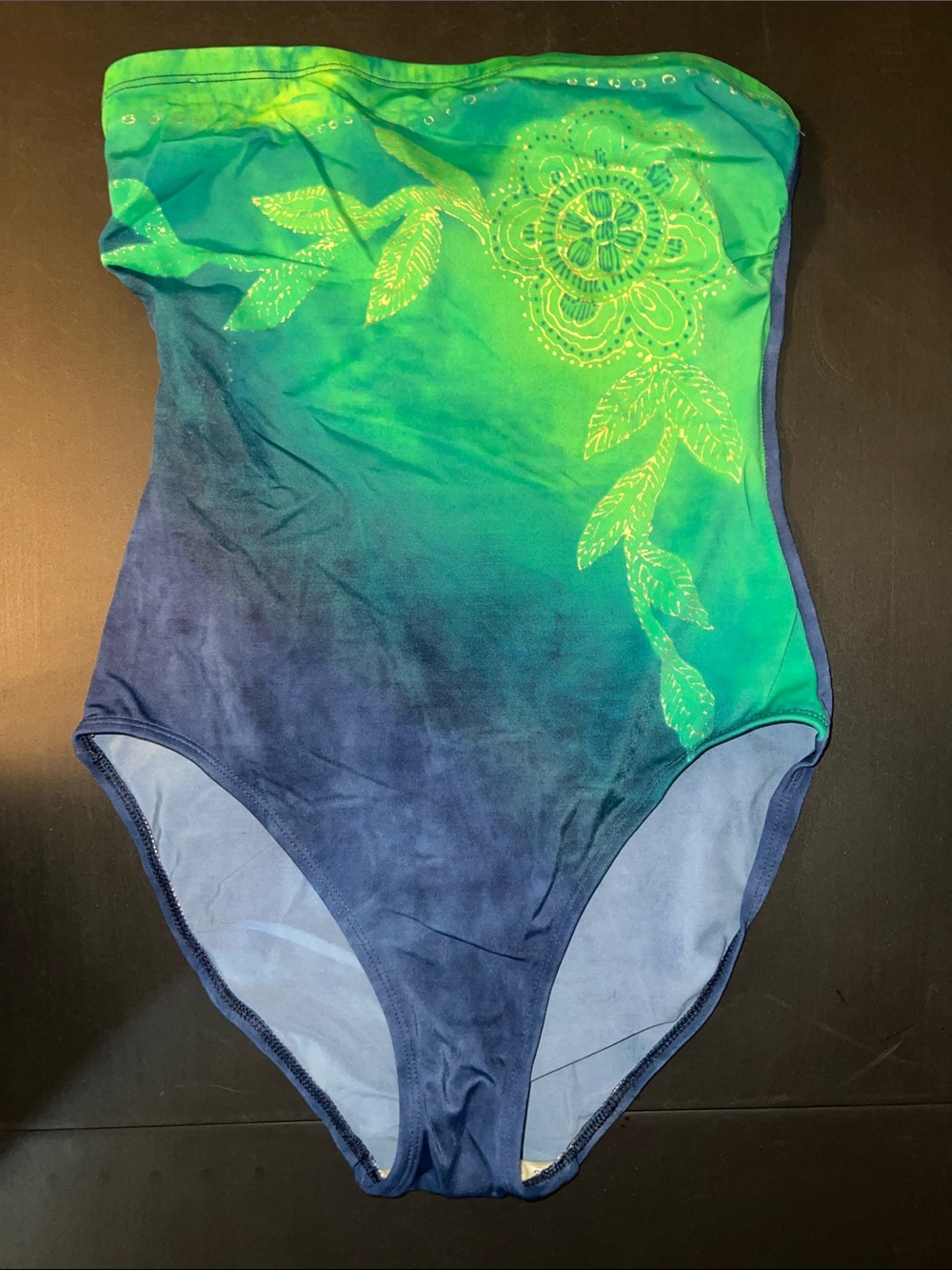 Green and Blue Ombre One-Piece Swimsuit with Floral Accent